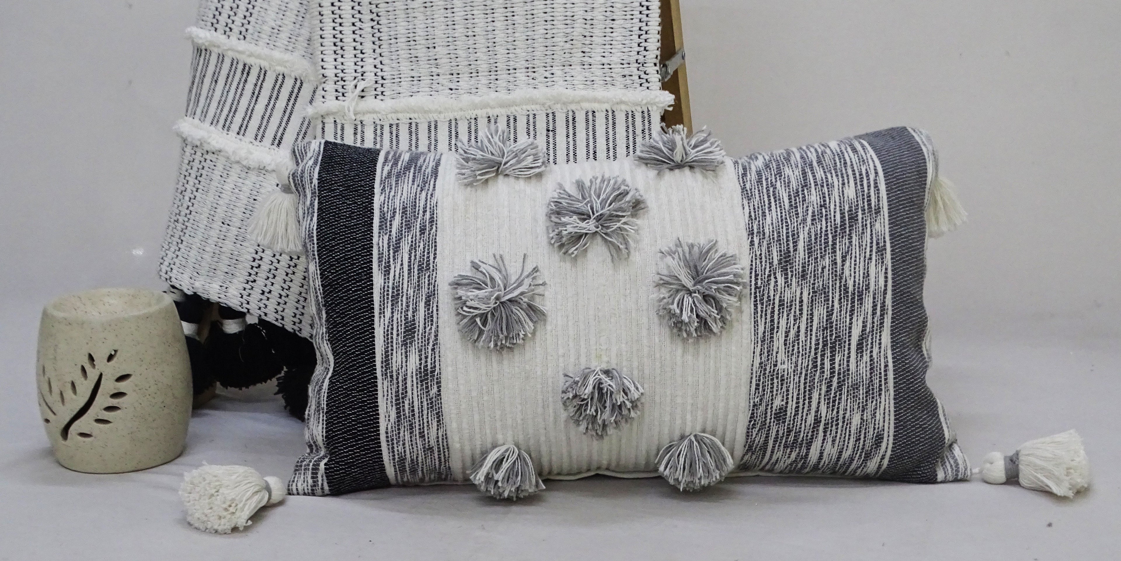 Melange Striped Throw Pillow with Large Poms and Tassels 14"x24" Vibhsa