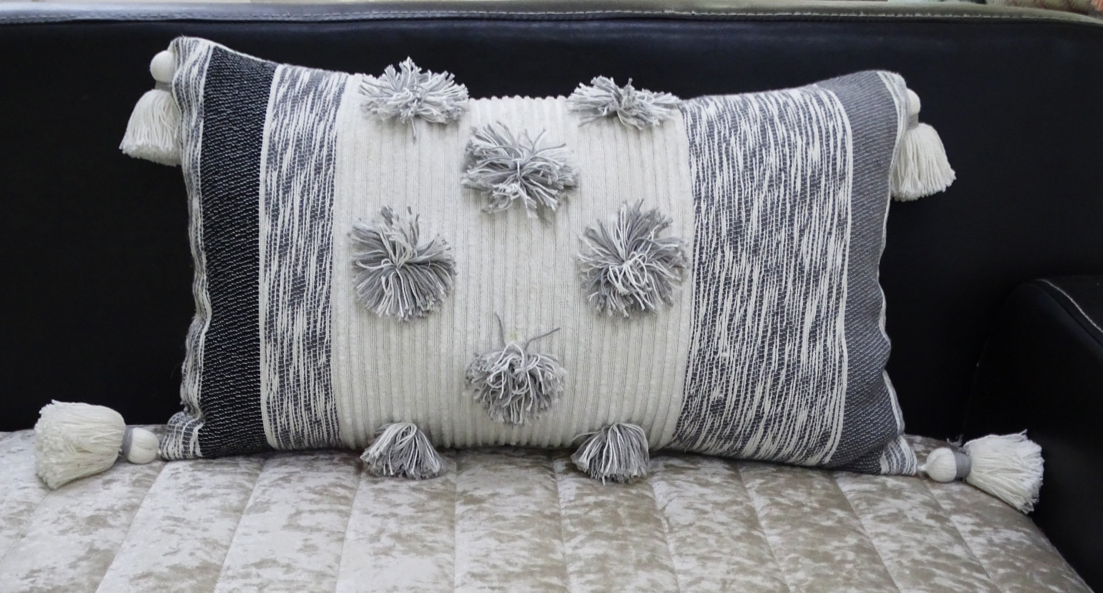 Melange Striped Throw Pillow with Large Poms and Tassels 14"x24" Vibhsa
