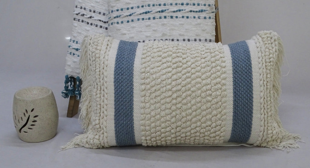 Decorative Striped Pillow with Loop Texture and Fringes 14"x24" Vibhsa