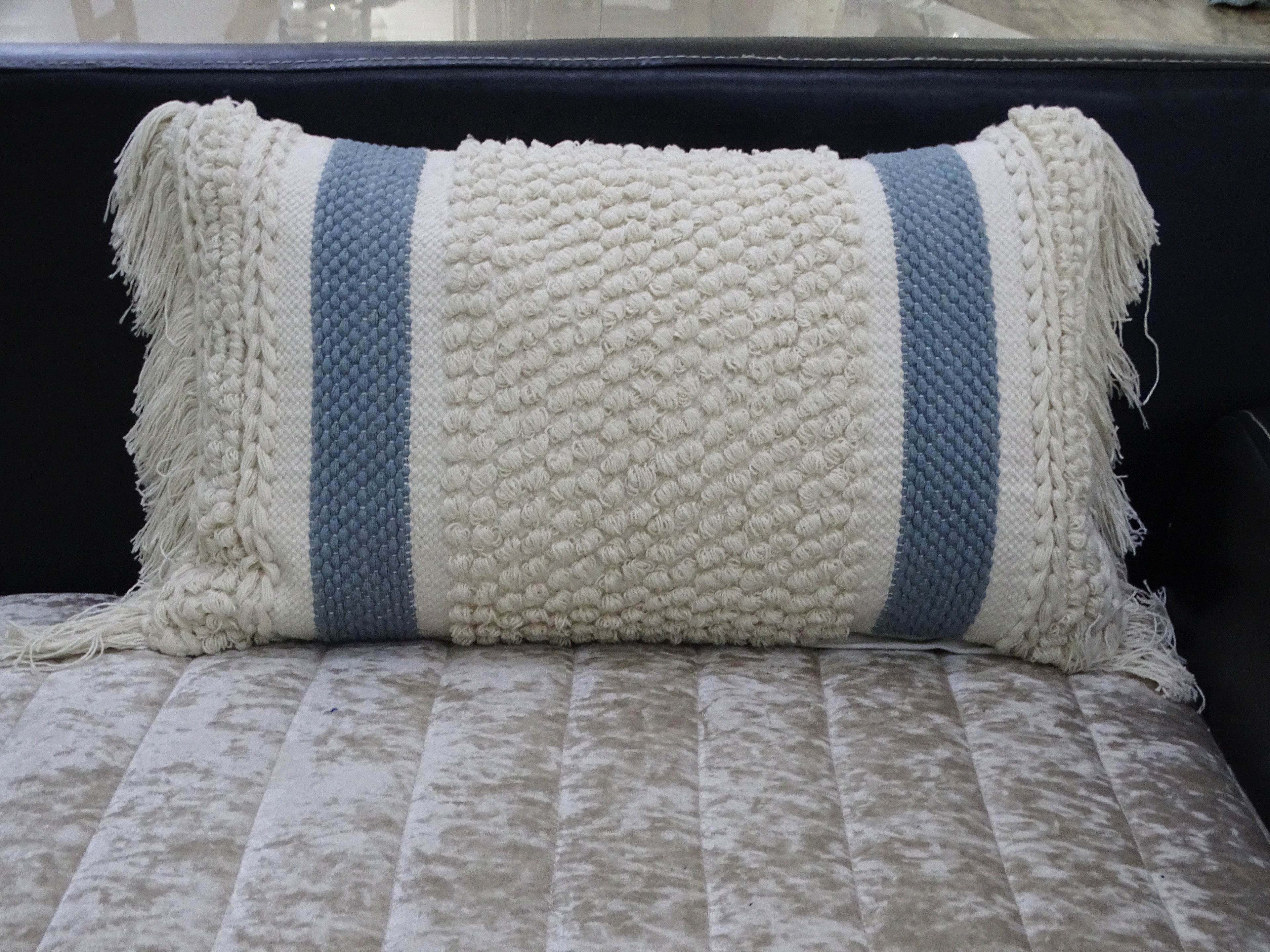 Decorative Striped Pillow with Loop Texture and Fringes 14"x24" Vibhsa