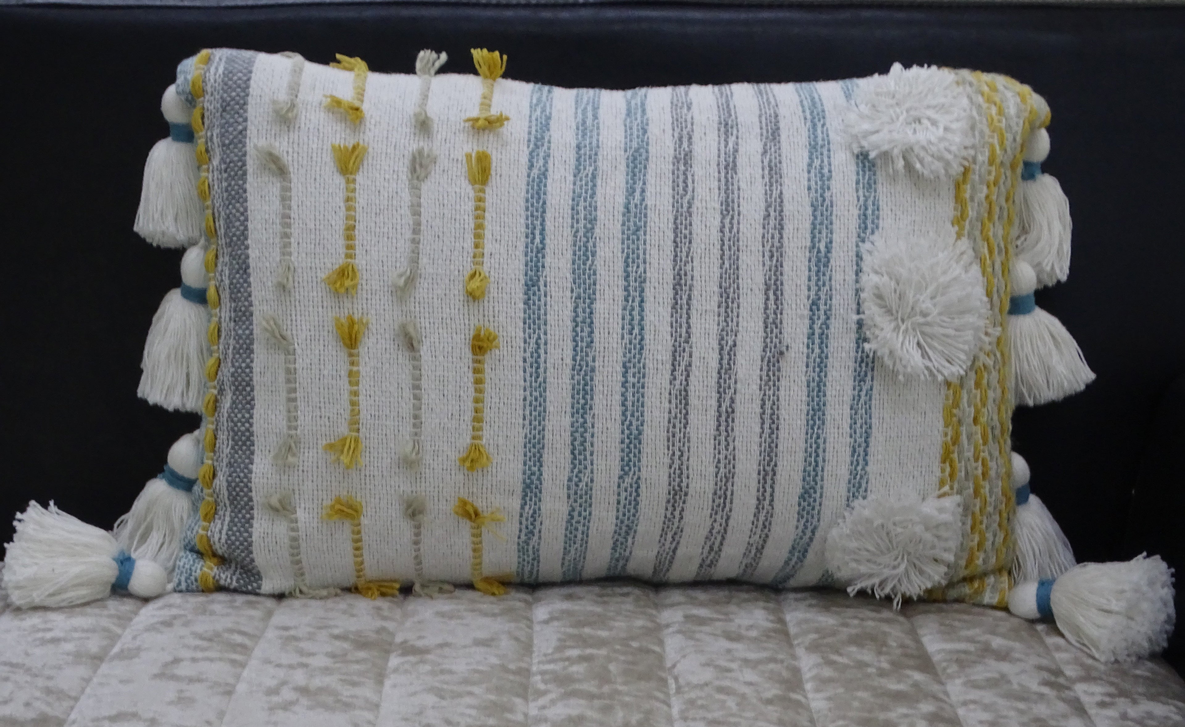 Designer Striped Pillow with Large Poms and Tassels 14"x20" Vibhsa