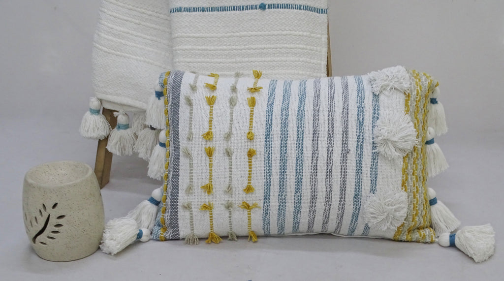 Designer Striped Pillow with Large Poms and Tassels 14"x20" Vibhsa