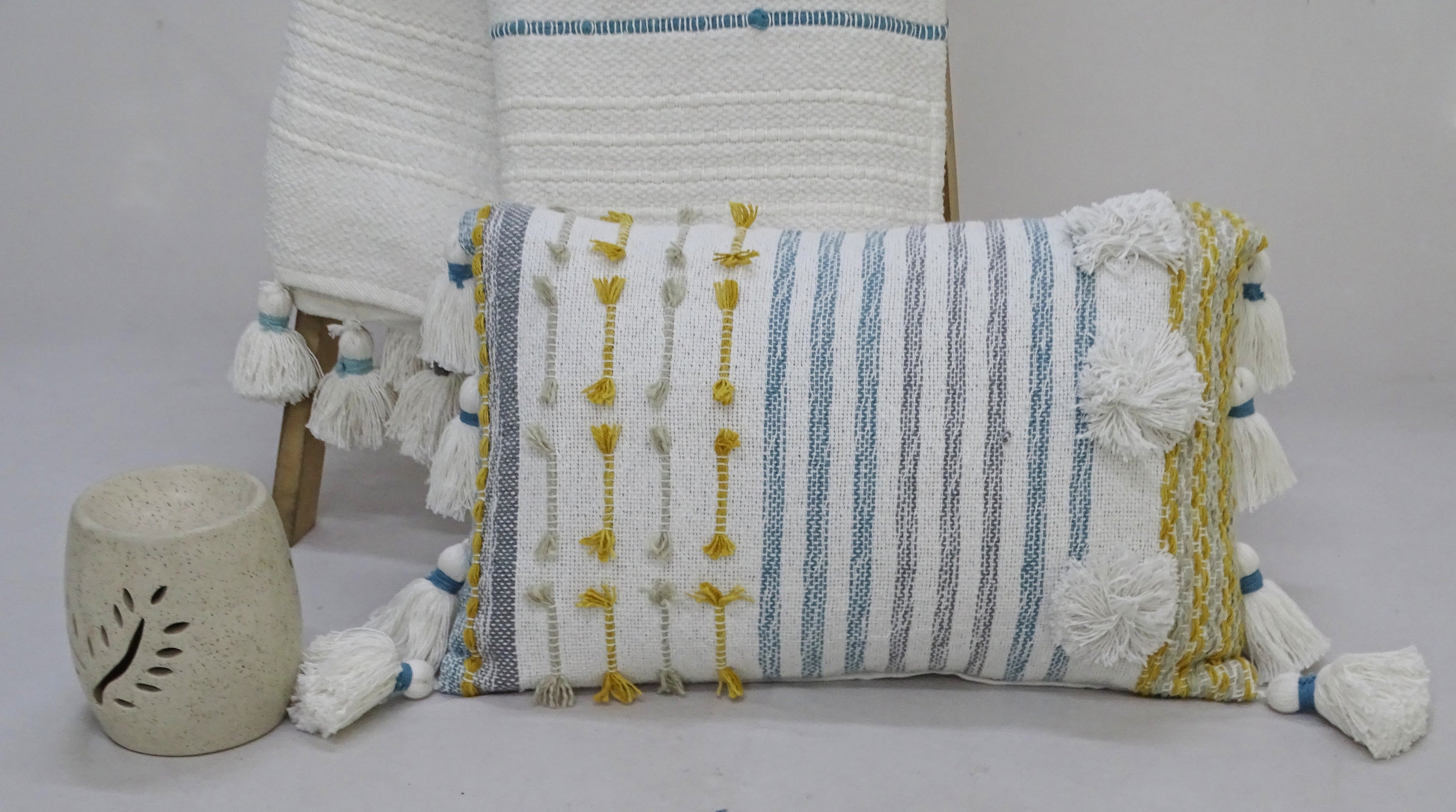 Designer Striped Pillow with Large Poms and Tassels 14"x20" Vibhsa