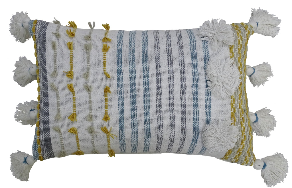 Designer Striped Pillow with Large Poms and Tassels 14"x20" Vibhsa