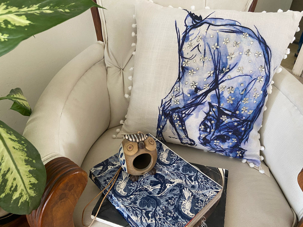 Blue Decorative Pillow with Pom-Poms Cat 18"x18" Vibhsa