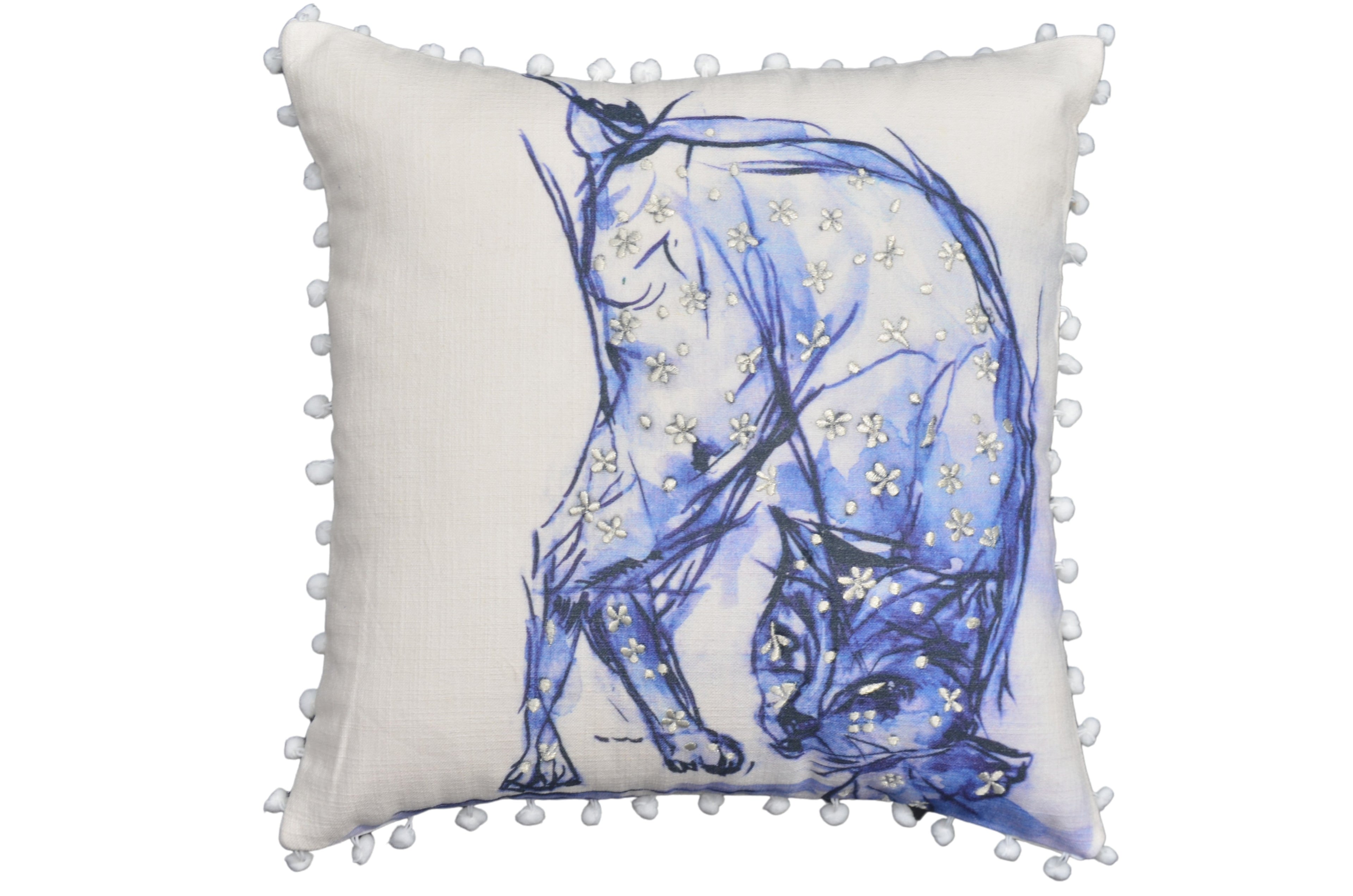 Blue Decorative Pillow with Pom-Poms Cat 18"x18" Vibhsa