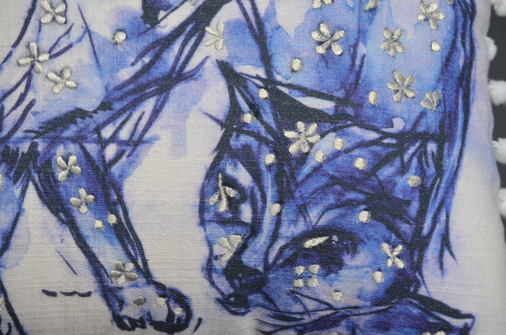 Blue Decorative Pillow with Pom-Poms Cat 18"x18" Vibhsa