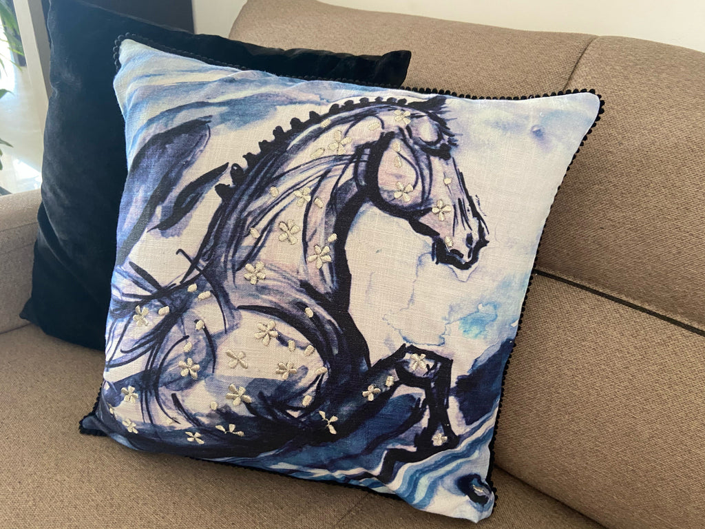 Embroidered 18"x18" Blue Decorative Pillow (Horse) Vibhsa
