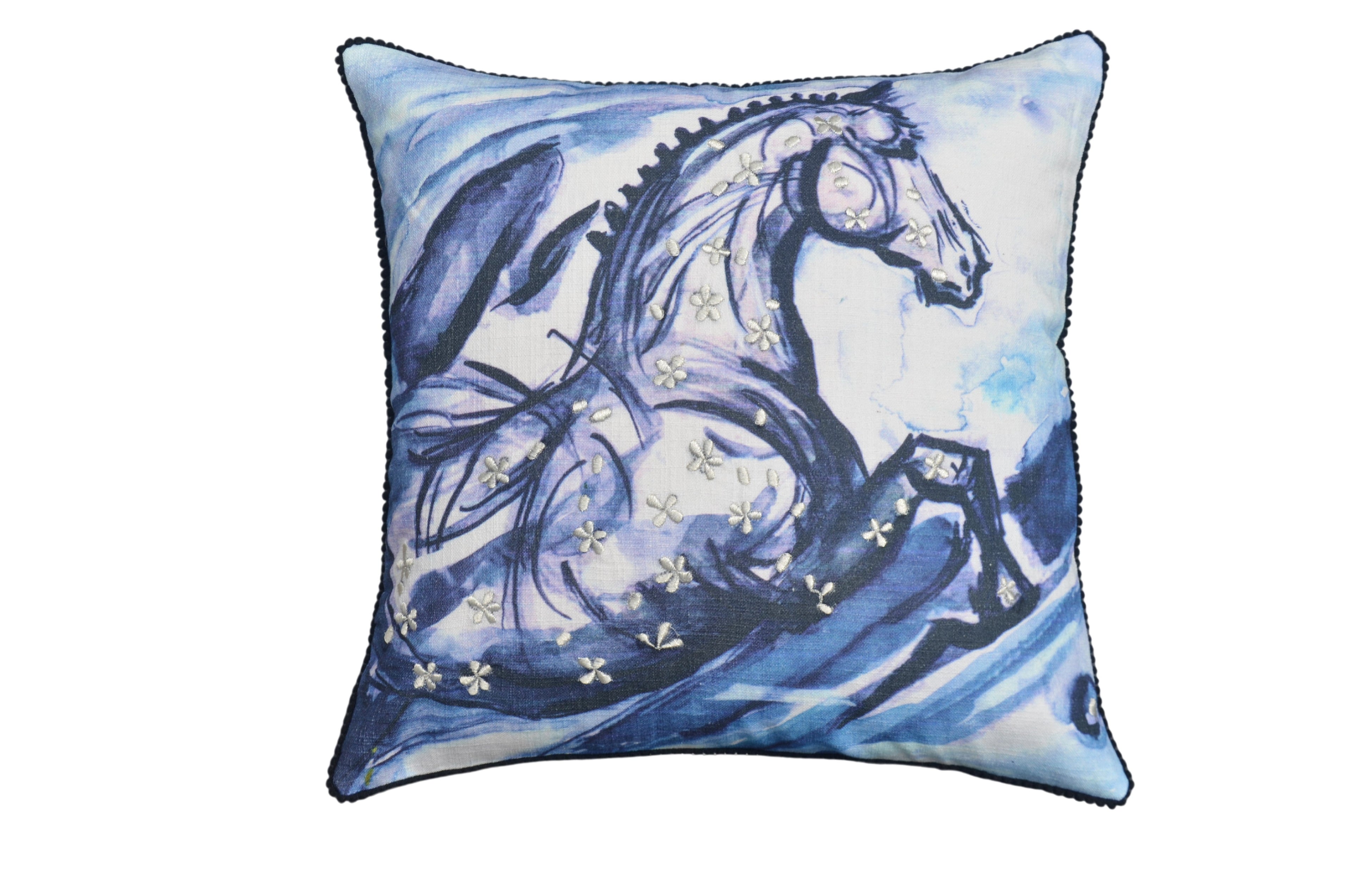 Embroidered 18"x18" Blue Decorative Pillow (Horse) Vibhsa
