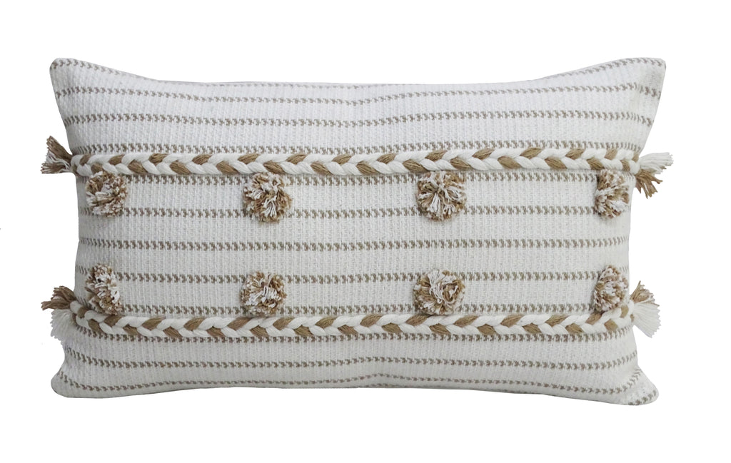 Handwoven 14" X 24" Throw Pillow with Poms Vibhsa
