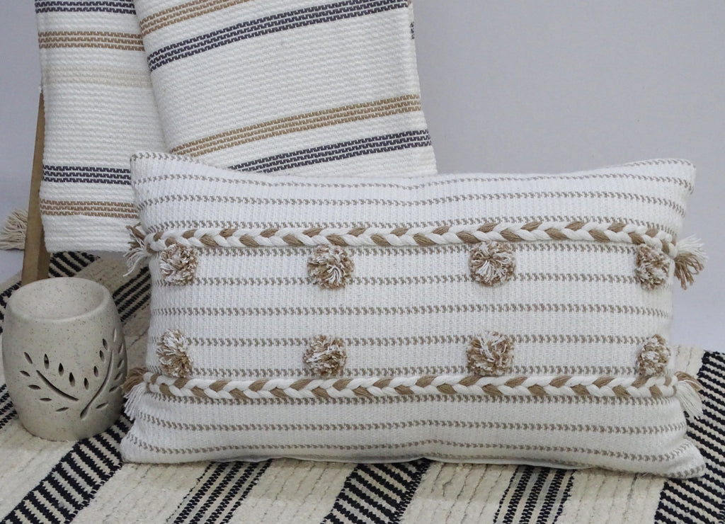 Handwoven 14" X 24" Throw Pillow with Poms Vibhsa