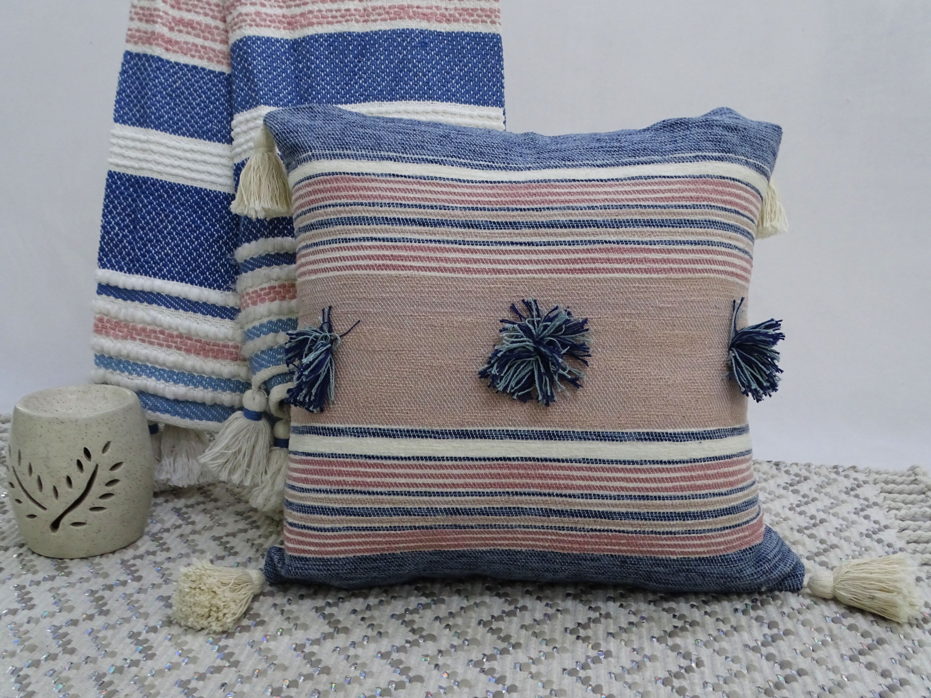 Throw Pillow with Tassels and Pom-Poms 20" x 20" Insert Included Vibhsa