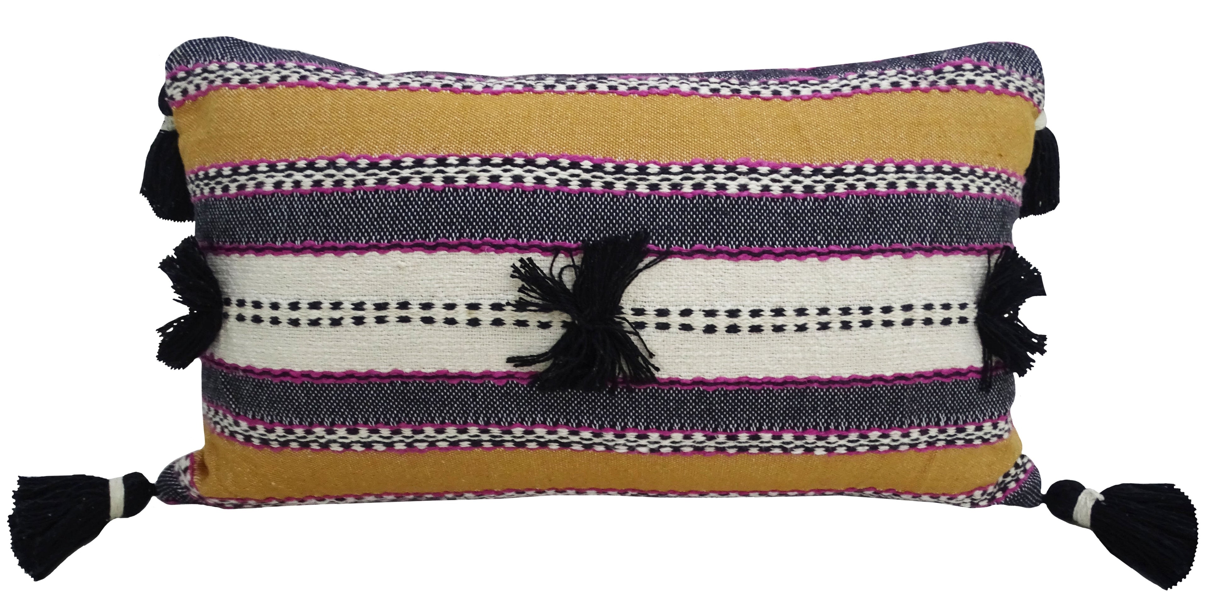 Handwoven 14"X 24" Throw Pillow with Pom-Poms Vibhsa