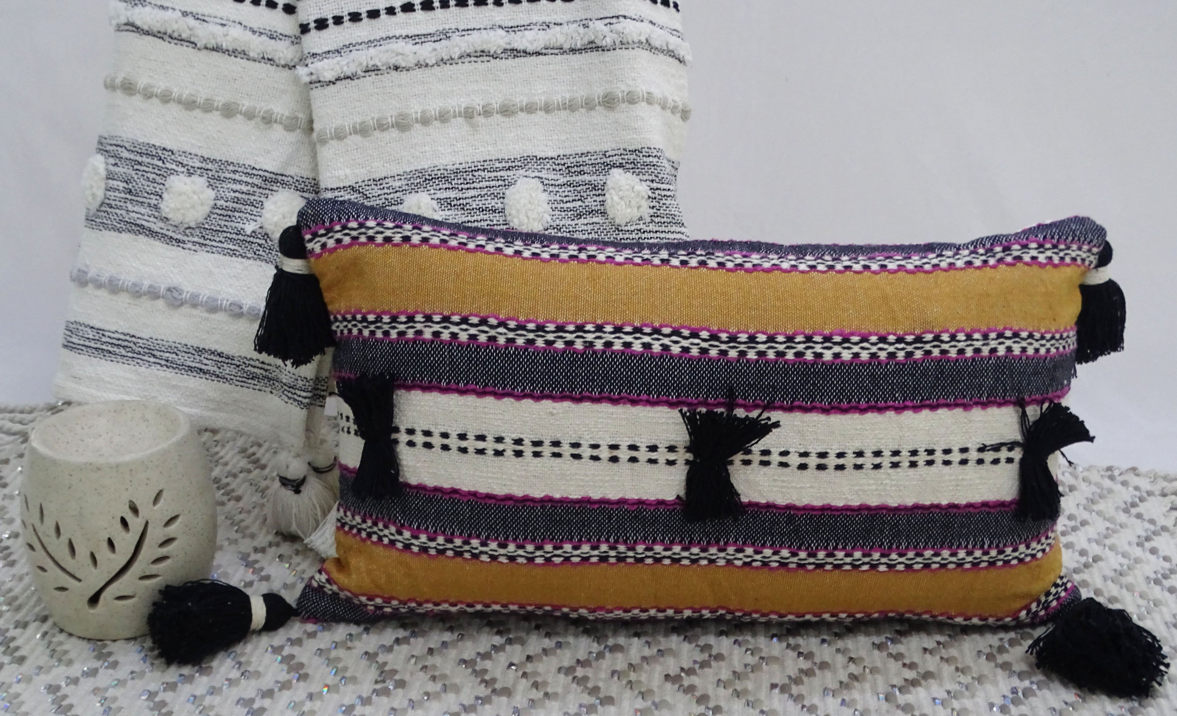 Handwoven 14"X 24" Throw Pillow with Pom-Poms Vibhsa