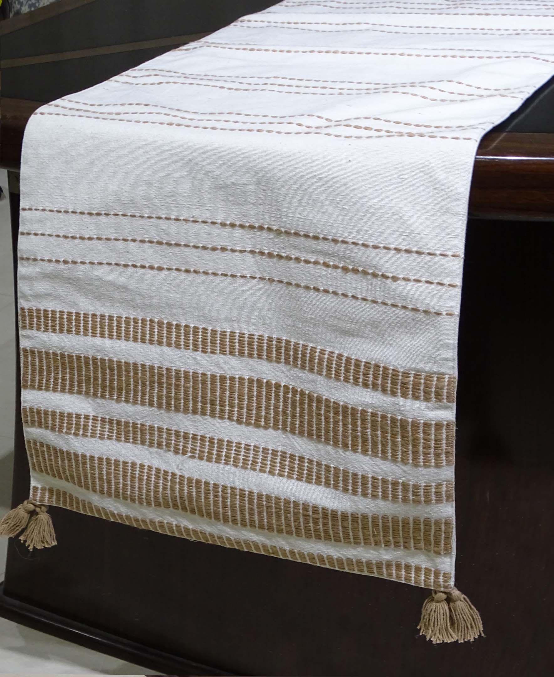 Woven Cotton Table Runner Off White and Beige 16 x 90 inches Vibhsa