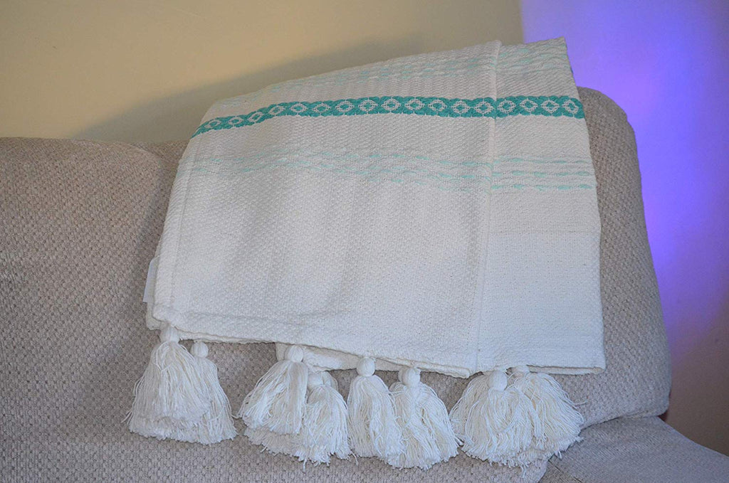 Hand loom Woven Throw Turquoise & White Vibhsa
