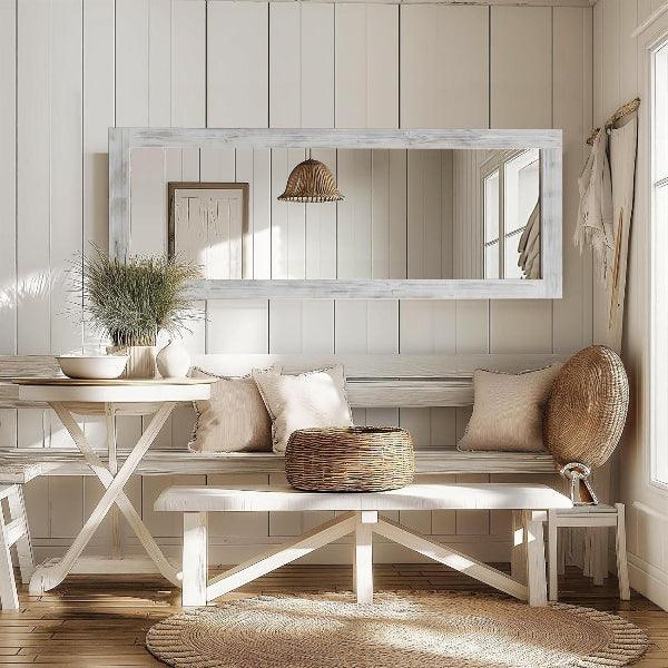 MELOMOIR Rustic Farmhouse Full Length Mirror, Wood Floor Mirror, Free Standing, Long for Bedroom, Living Room, Cloakroom, Weathering White