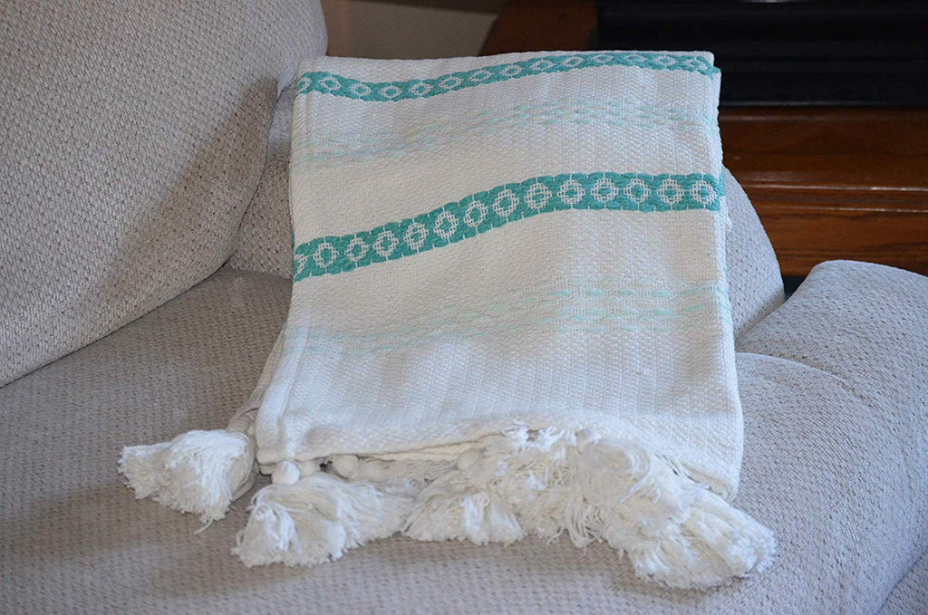 Hand loom Woven Throw Turquoise & White Vibhsa