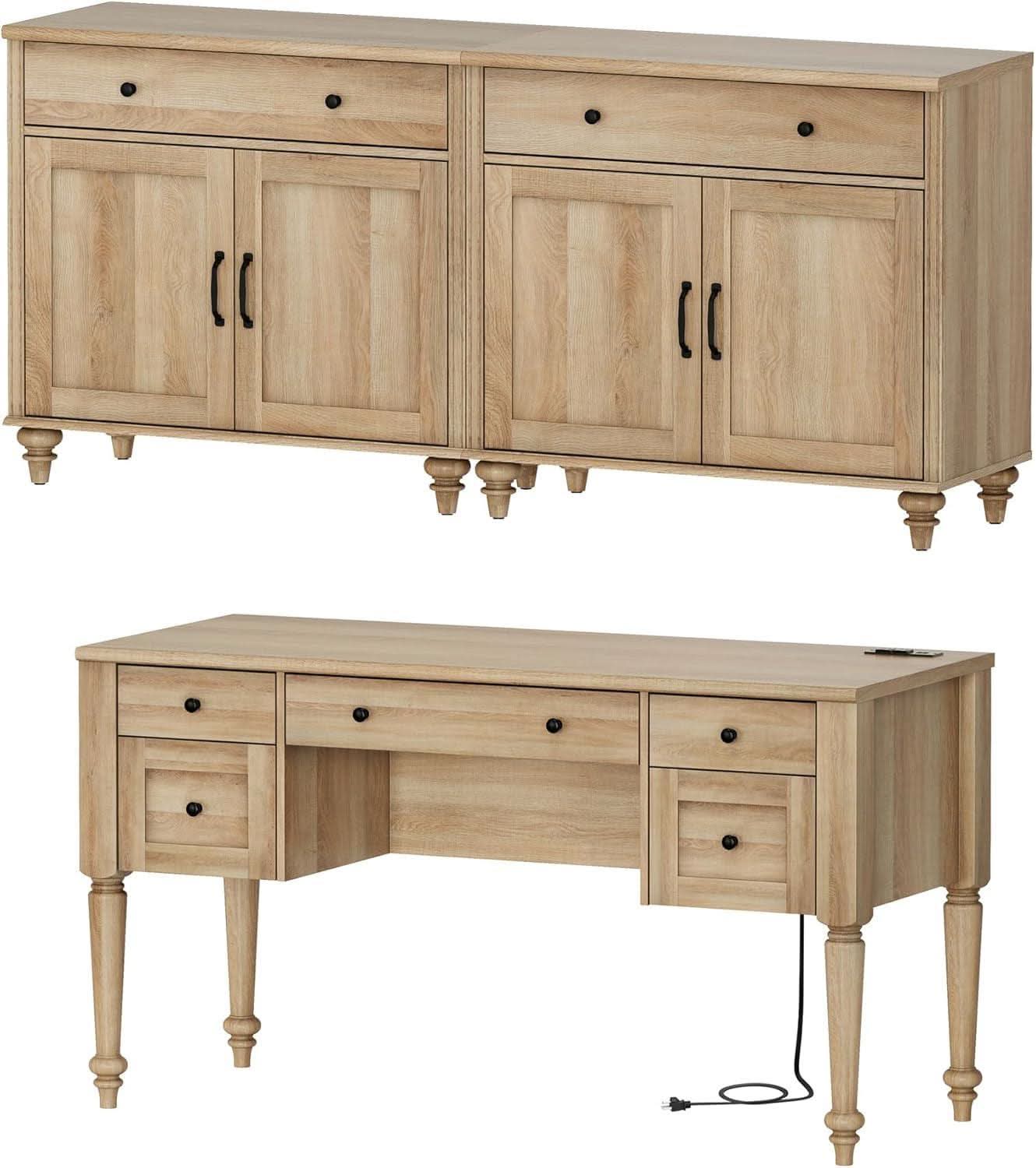 56 Inch Oak Executive Desk With Integrated Charging System ShipItFurniture