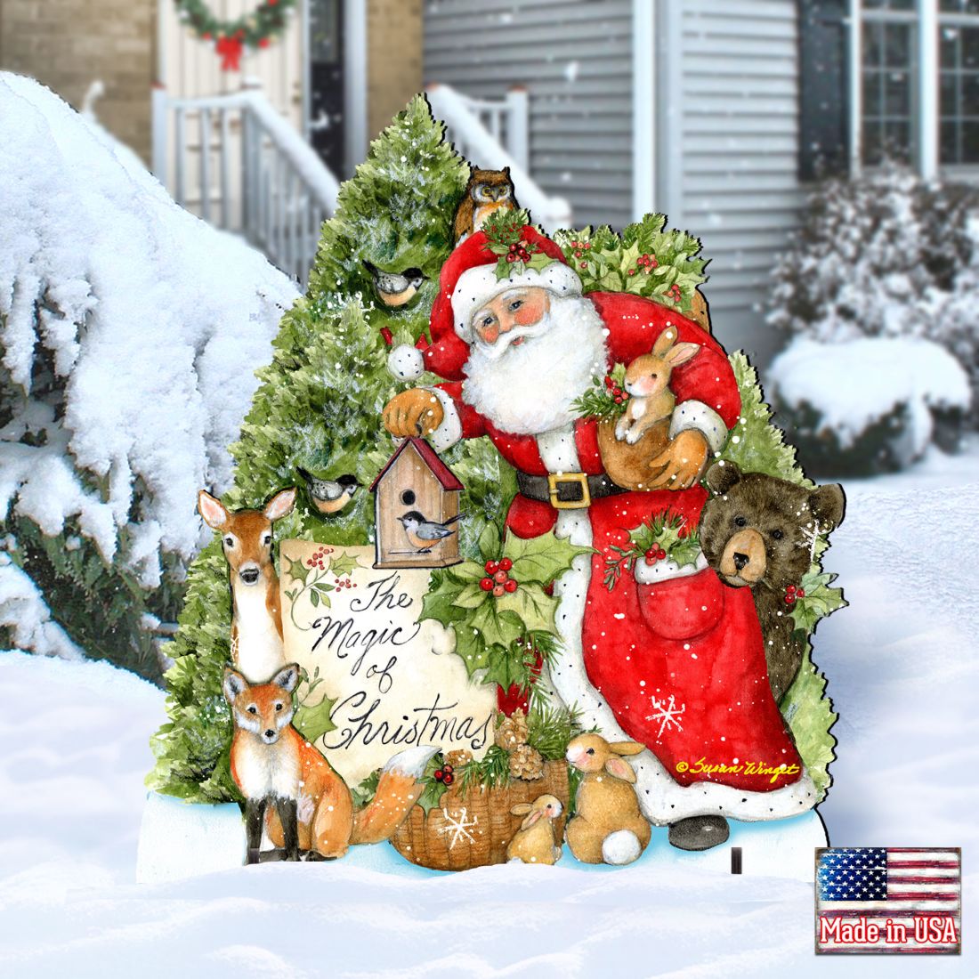 Woodland Santa Playing Christmas Outdoor Dcor by Susan Winget - Christmas Santa Snowman Dcor - 8471103F-SW G.DeBrekht