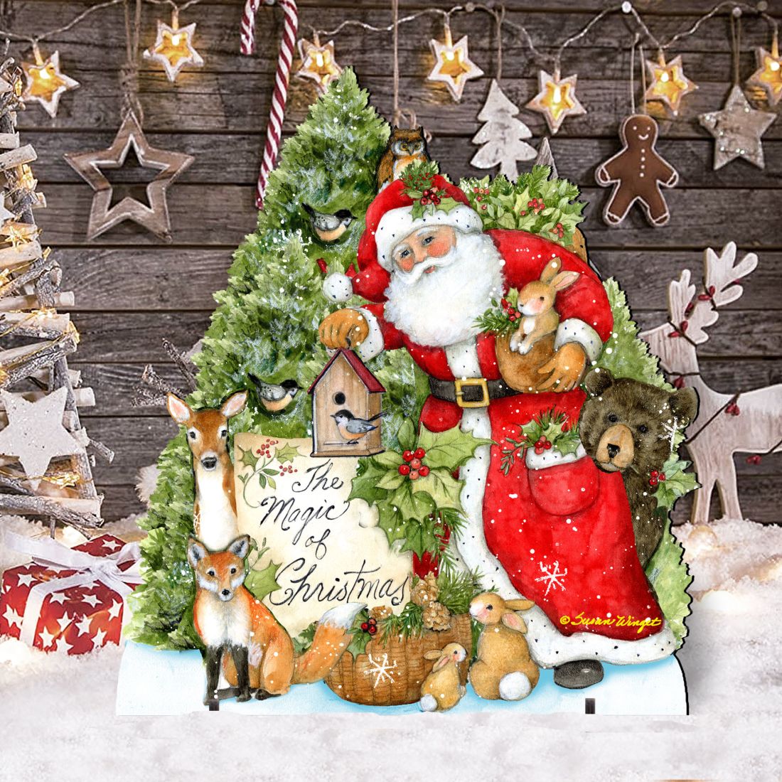 Woodland Santa Playing Christmas Outdoor Dcor by Susan Winget - Christmas Santa Snowman Dcor - 8471103F-SW G.DeBrekht