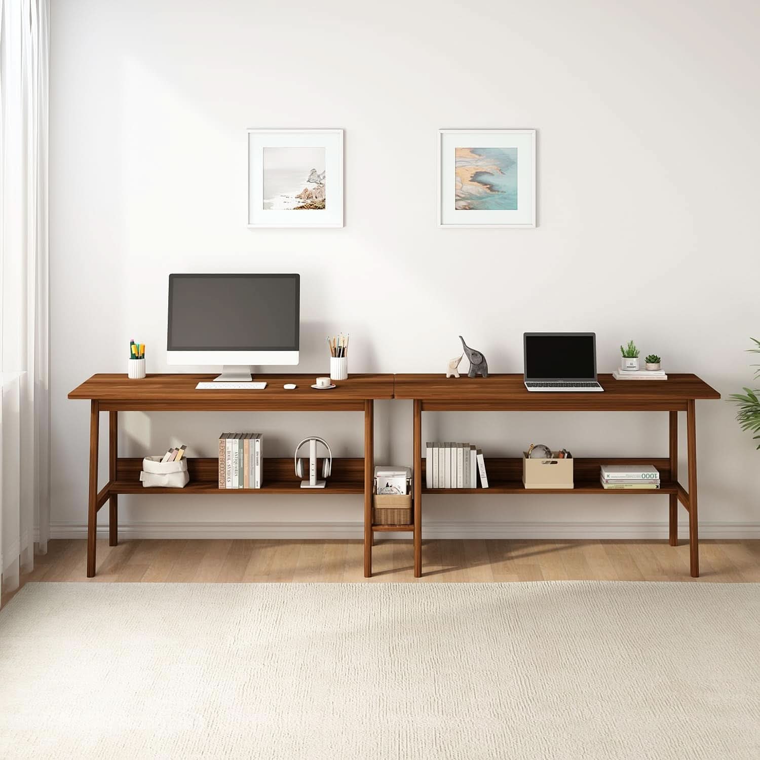 Walnut 110 Inches Twin Person Computer Workstation ShipItFurniture