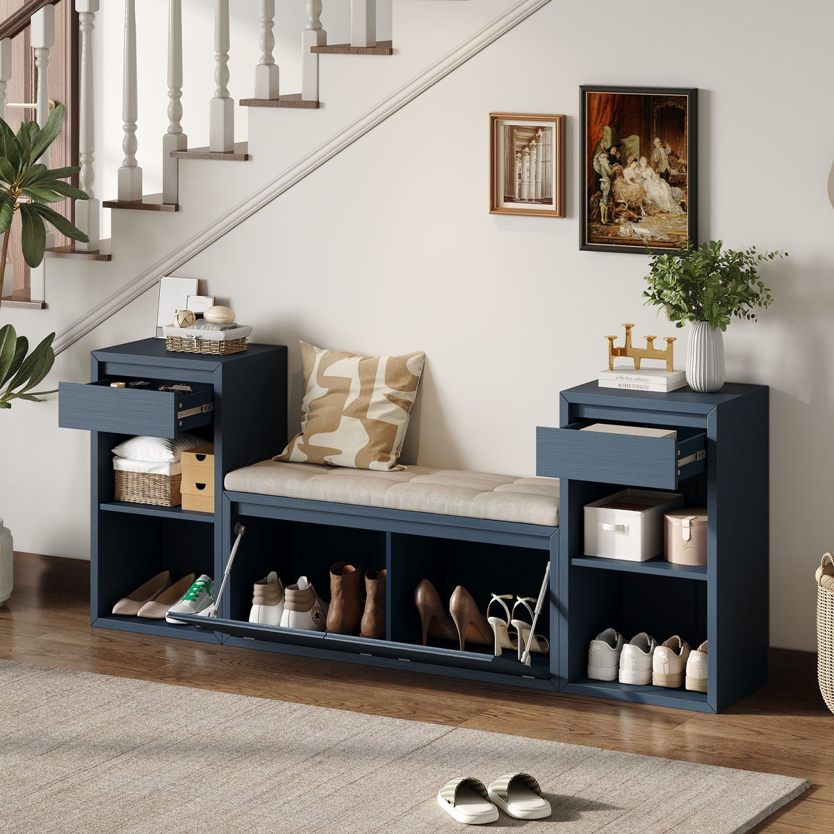 Entryway Storage Bench With Cushion, Drawers & Open Shelves Unique Piece Furniture