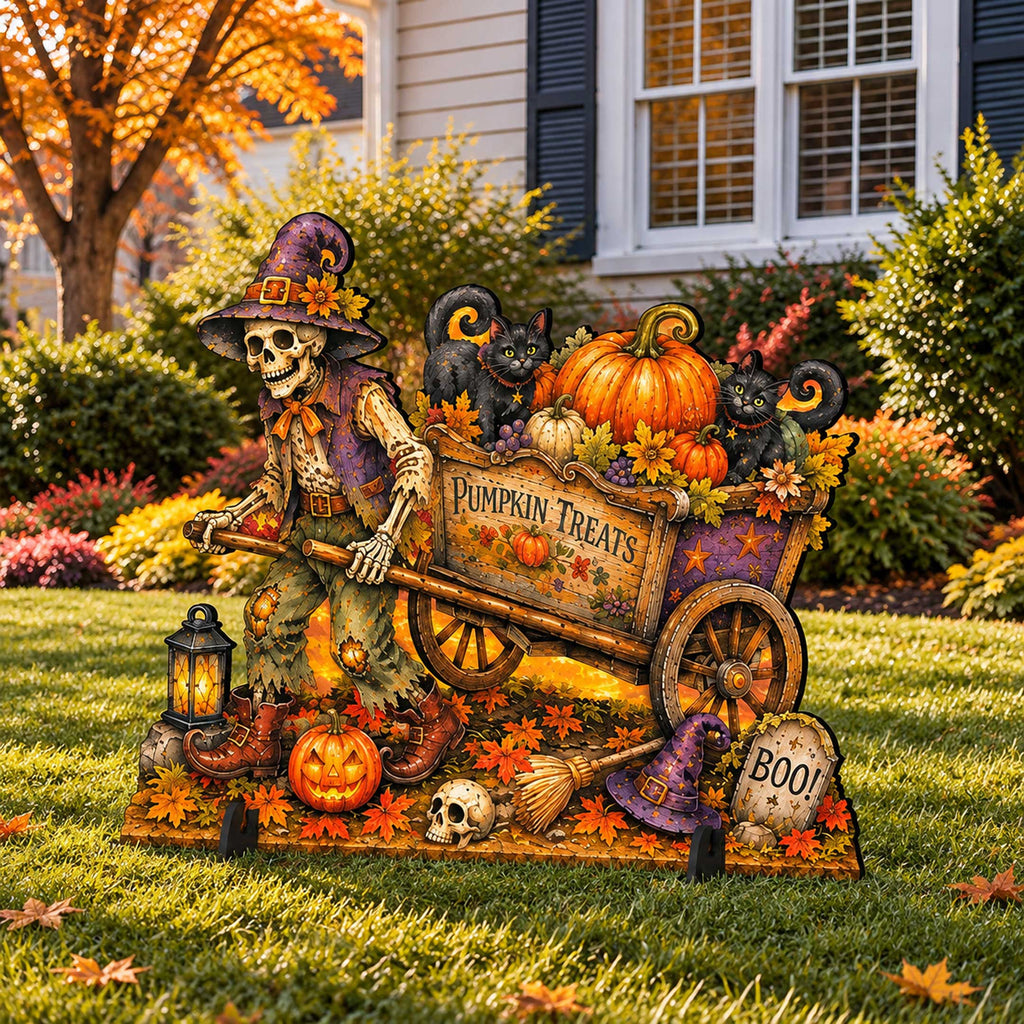 Pumpkin Treats Skeleton Cart Halloween Freestanding Outdoor Decoration by G. Debrekht – 8652907F G.DeBrekht
