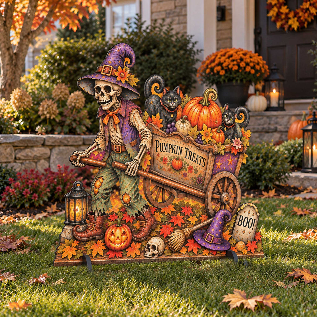 Pumpkin Treats Skeleton Cart Halloween Freestanding Outdoor Decoration by G. Debrekht – 8652907F G.DeBrekht