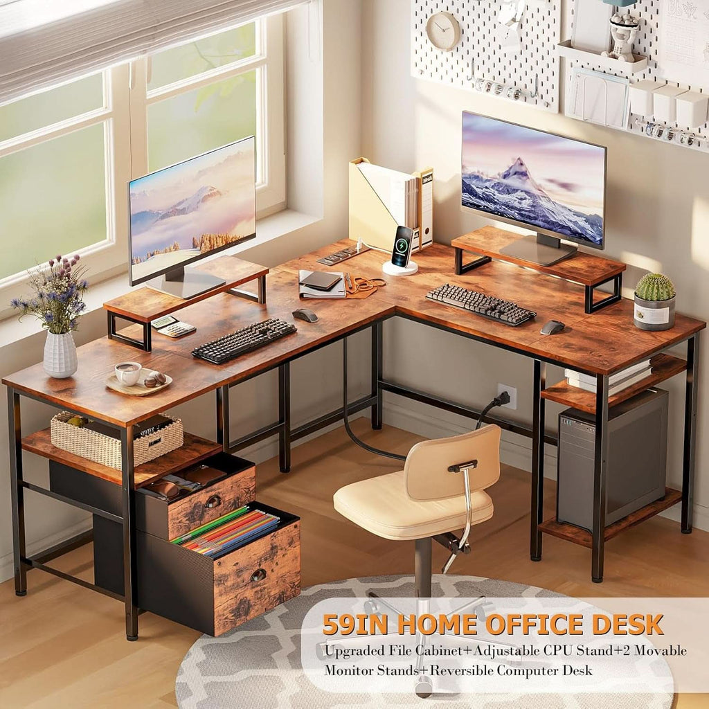 Fifty Nine Inch L Shaped Desk With Power Outlet And Storage Shelves ShipItFurniture