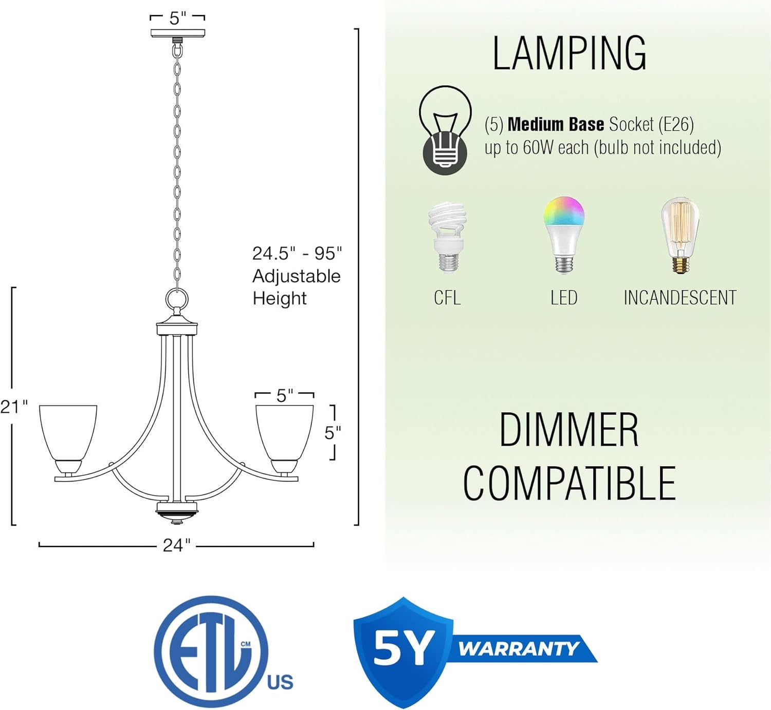 Contemporary 5-Light Large Chandelier Farmhouse Decor