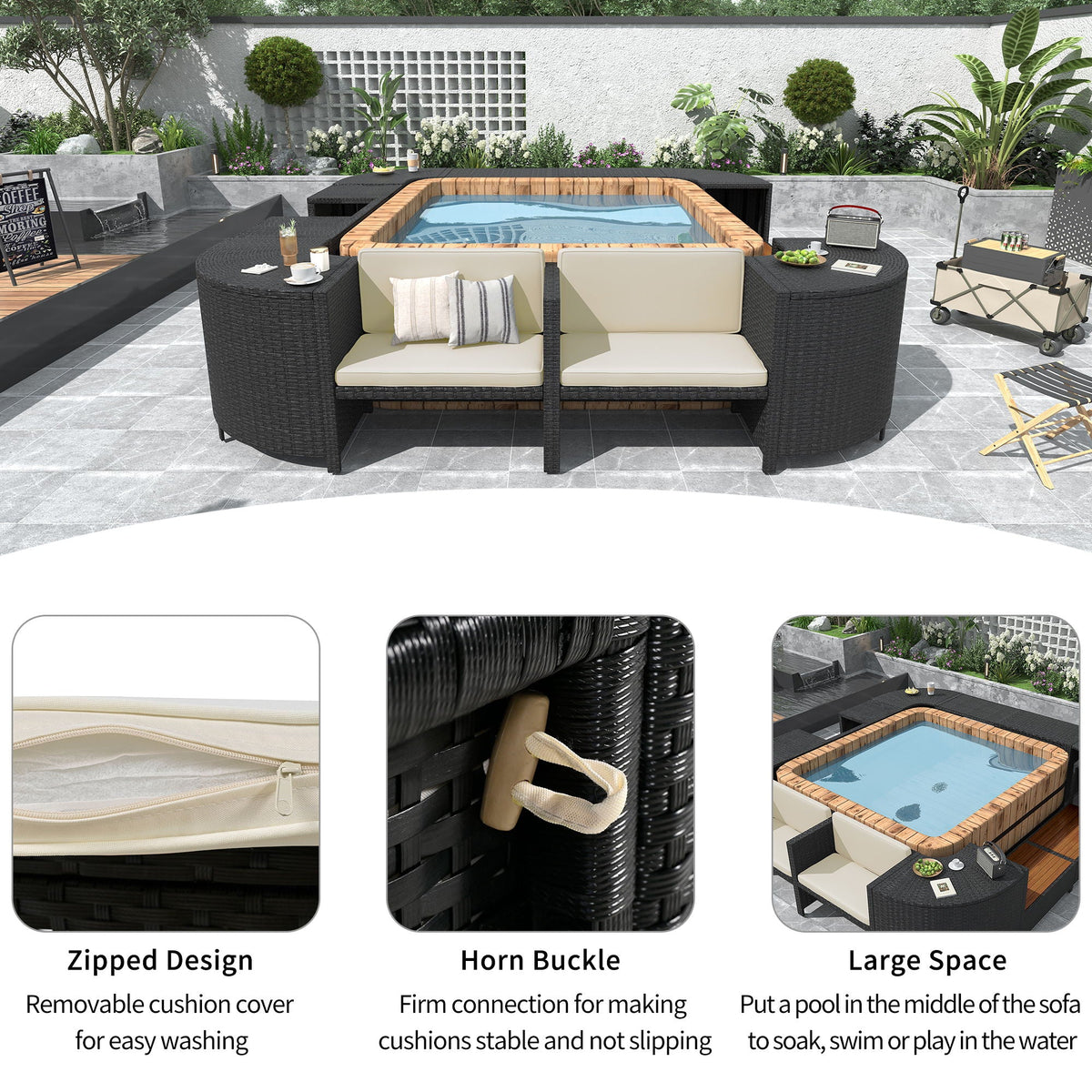 Spa Surround Spa Frame Quadrilateral Outdoor Rattan Sectional Sofa Set With Mini Sofa, Wooden Seats And Storage Spaces Unique Piece Furniture