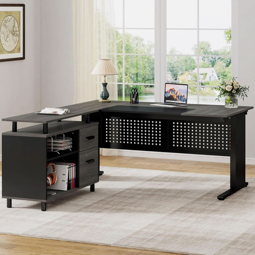 63 Inch Executive Desk With Integrated Cabinet Gray ShipItFurniture