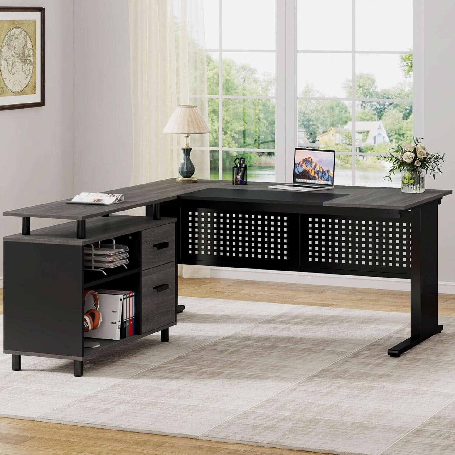 63 Inch Executive Desk With Integrated Cabinet Gray ShipItFurniture