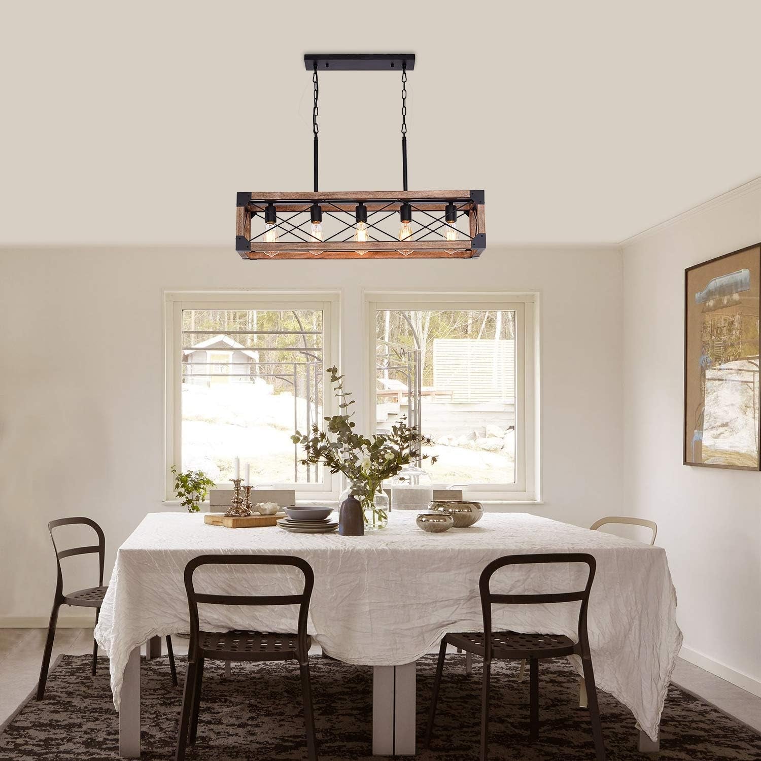 5 Lights Farmhouse Wood Linear Chandelier Farmhouse Decor
