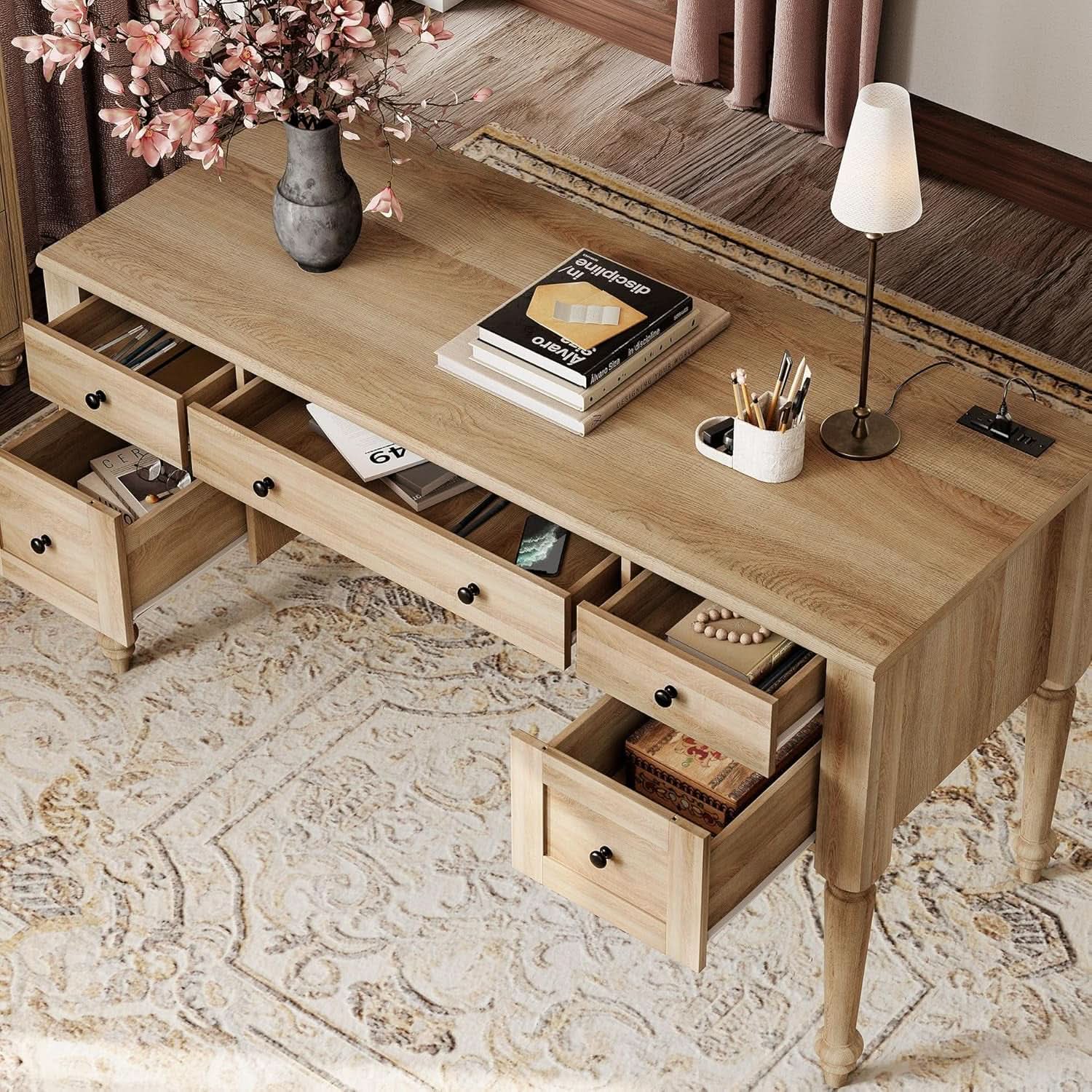 56 Inch Oak Executive Desk With Integrated Charging System ShipItFurniture
