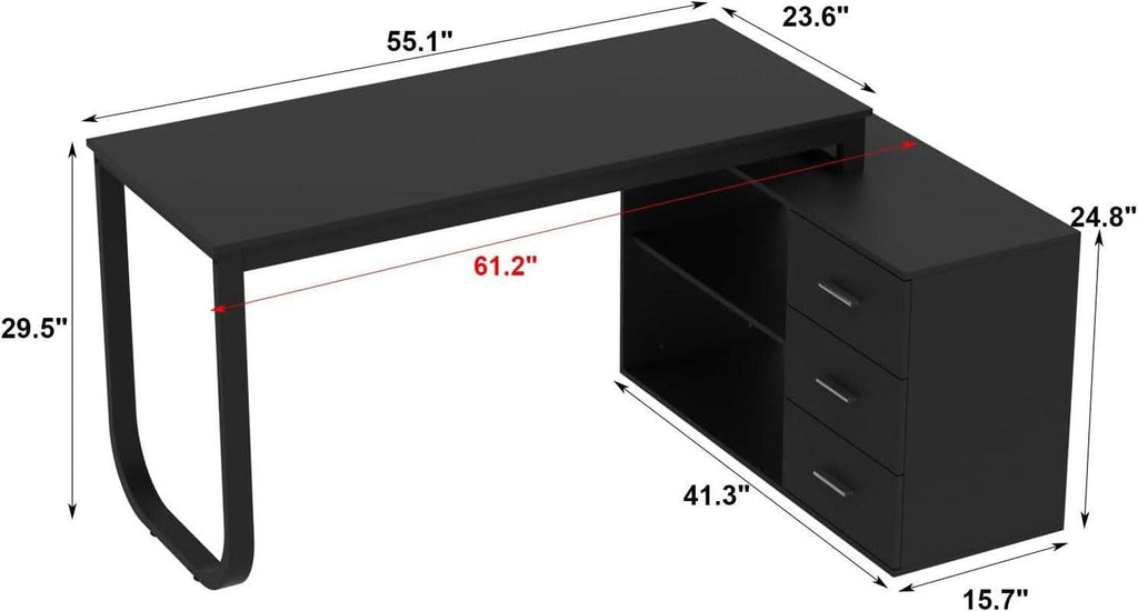 55 Inch L Shaped Computer Desk Black Storage Cabinet ShipItFurniture