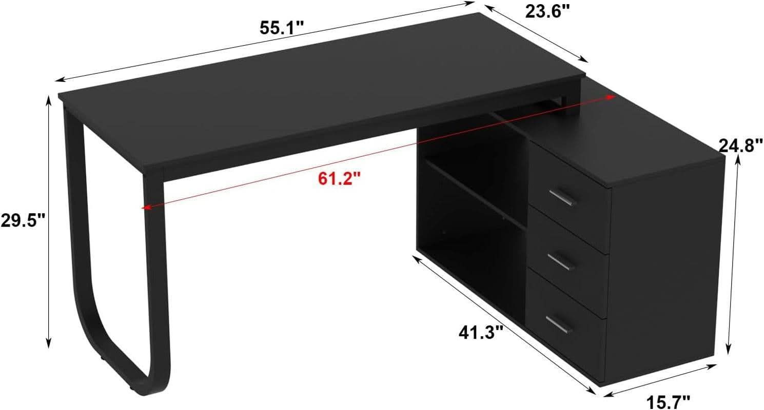 55 Inch L Shaped Computer Desk Black Storage Cabinet ShipItFurniture