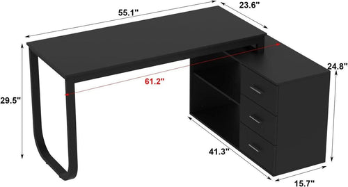 55 Inch L Shaped Computer Desk Black Storage Cabinet ShipItFurniture
