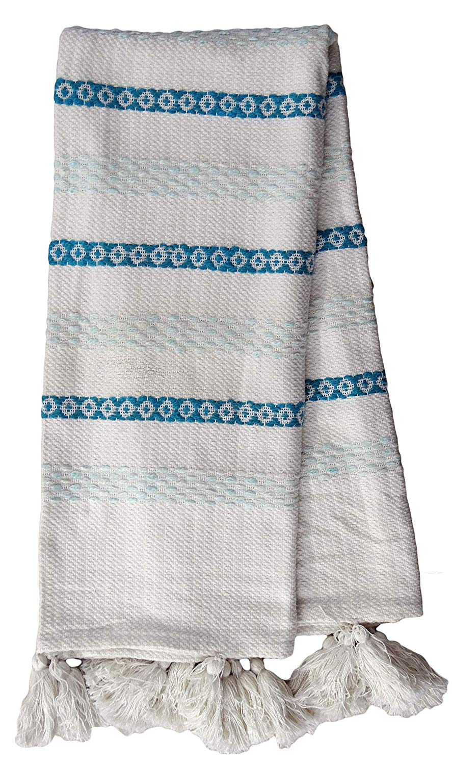 Hand loom Woven Throw Turquoise & White Vibhsa