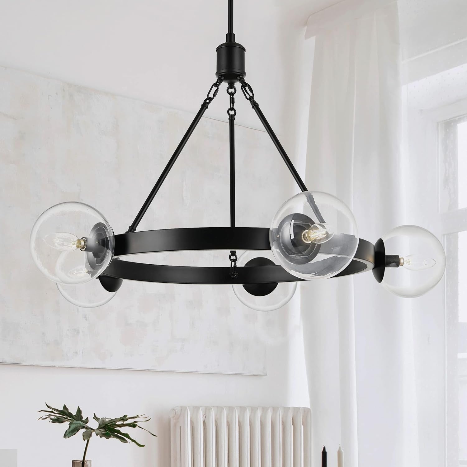 5 Light Black Globe Wagon Wheel Chandelier Farmhouse Decor