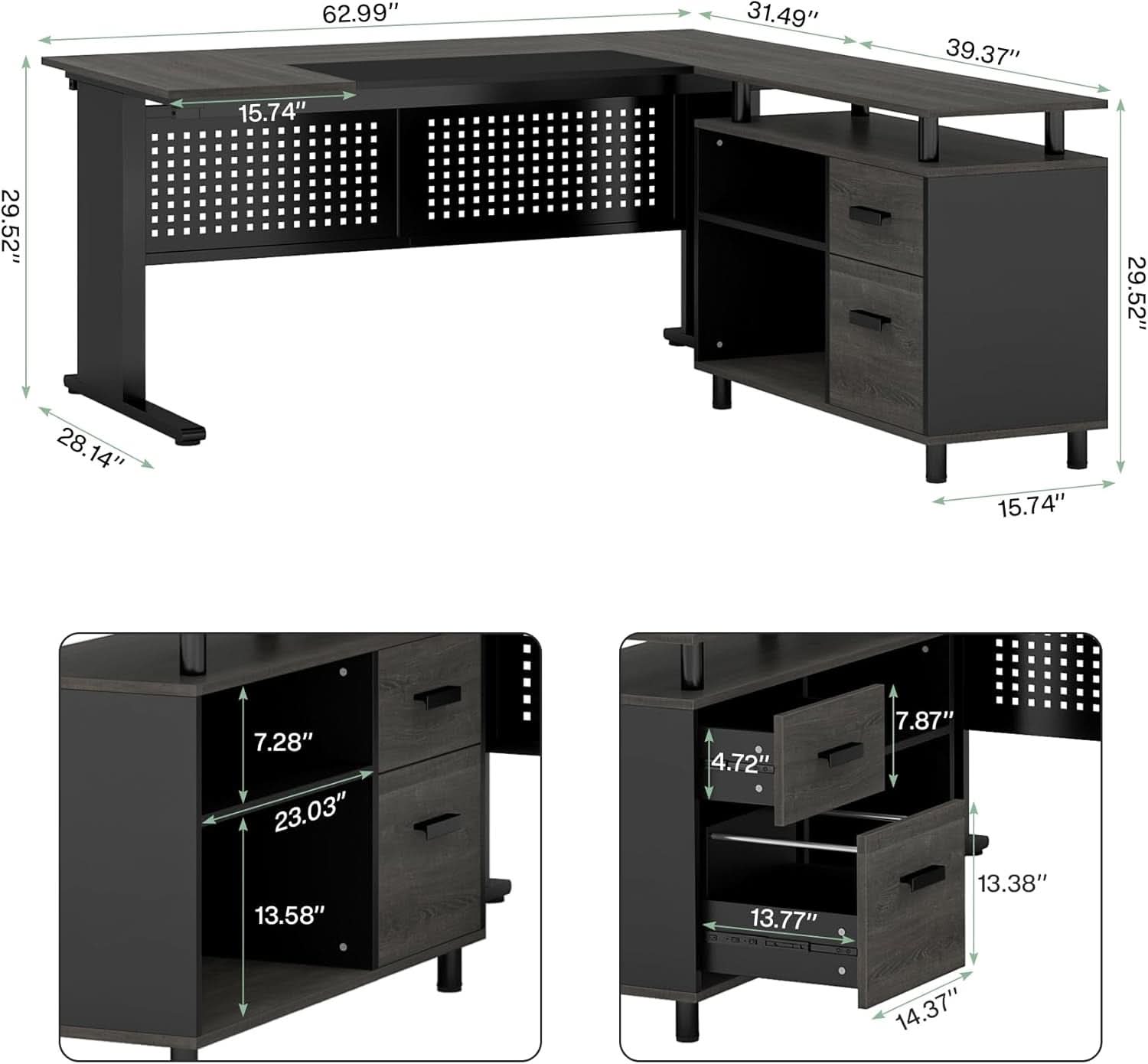 63 Inch Executive Desk With Integrated Cabinet Gray ShipItFurniture