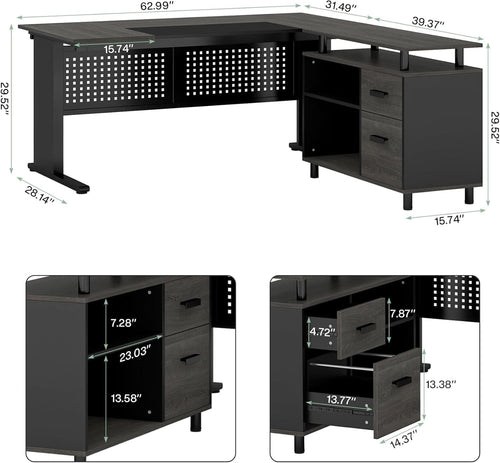 63 Inch Executive Desk With Integrated Cabinet Gray ShipItFurniture