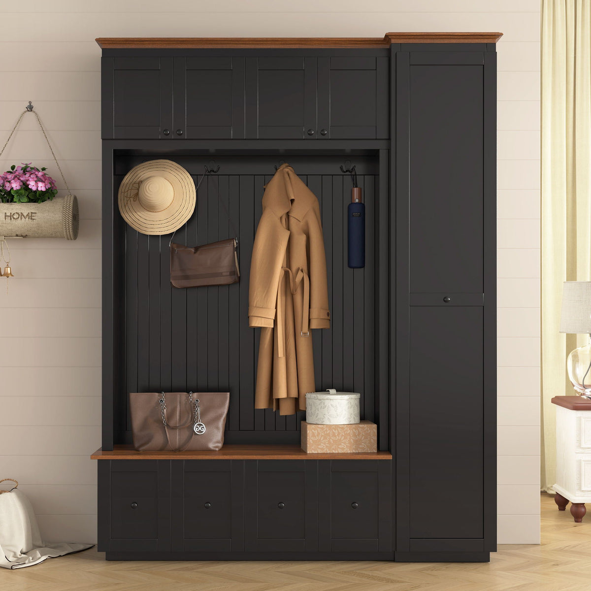 Entryway Hall Tree With Storage Bench, Coat Rack Shoe Bench With Cabinets Unique Piece Furniture