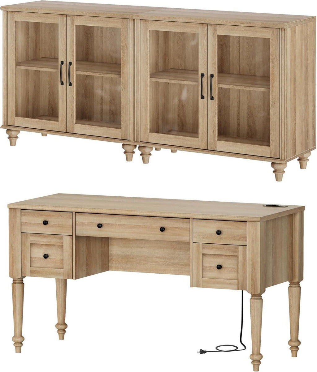 Distressed Oak Farmhouse Executive Desk Glass Cabinet ShipItFurniture