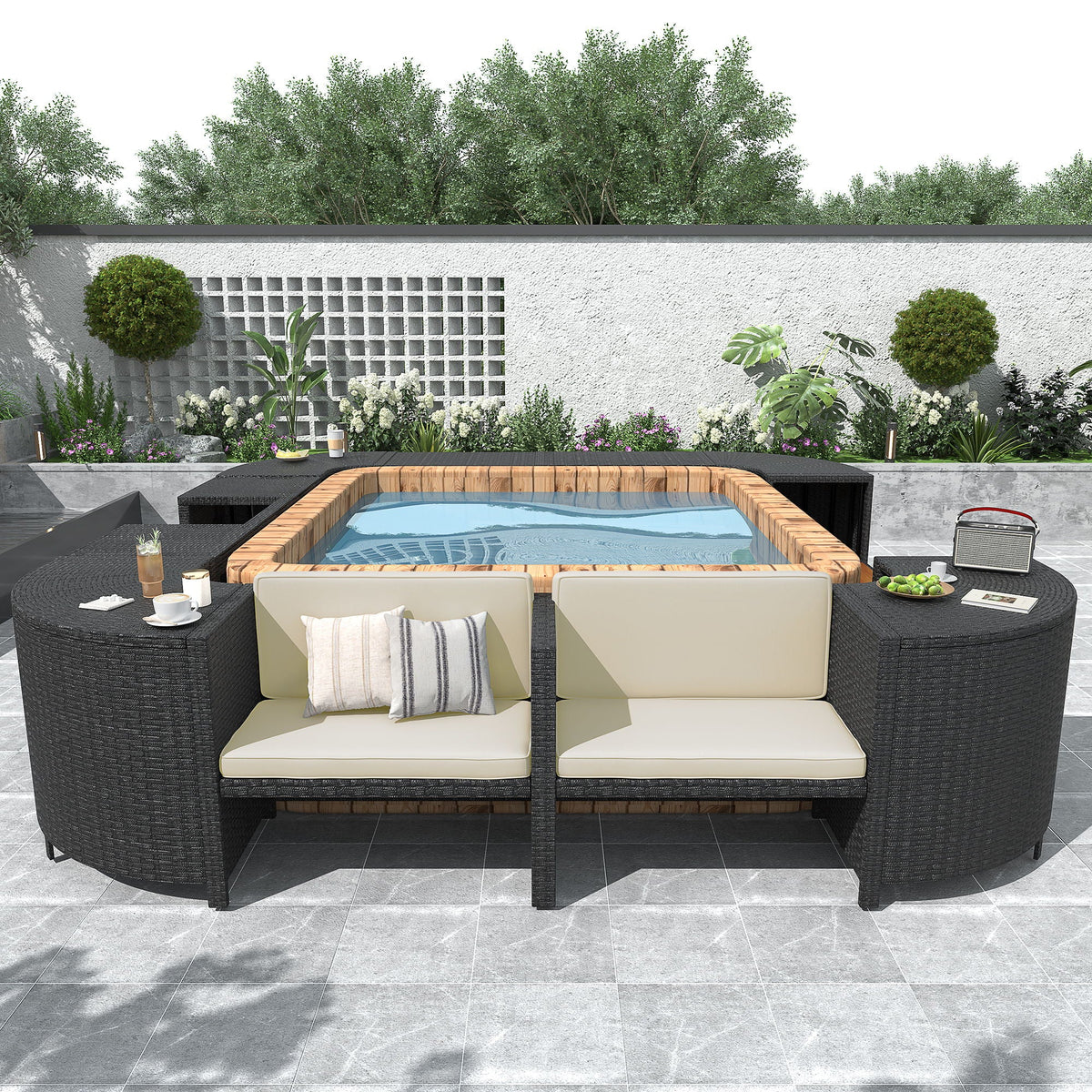 Spa Surround Spa Frame Quadrilateral Outdoor Rattan Sectional Sofa Set With Mini Sofa, Wooden Seats And Storage Spaces Unique Piece Furniture