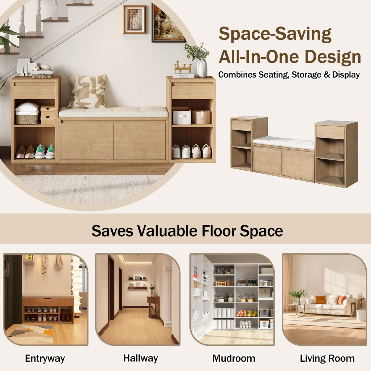 Entryway Storage Bench With Cushion, Drawers & Open Shelves Unique Piece Furniture