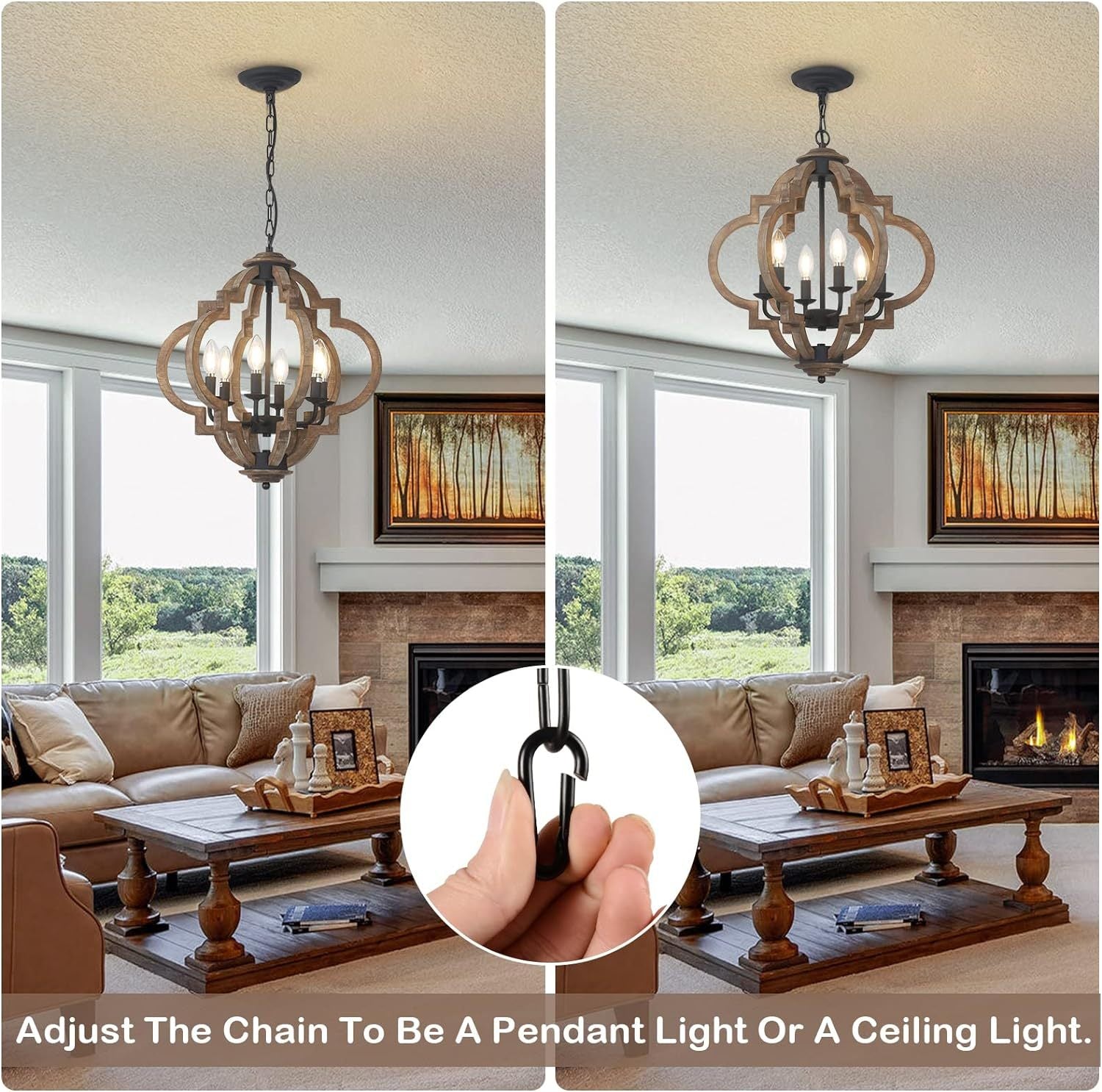 Chandelier Farmhouse 6-Light Rustic Wood Black Pendant Kitchen Island NIKKI CASA