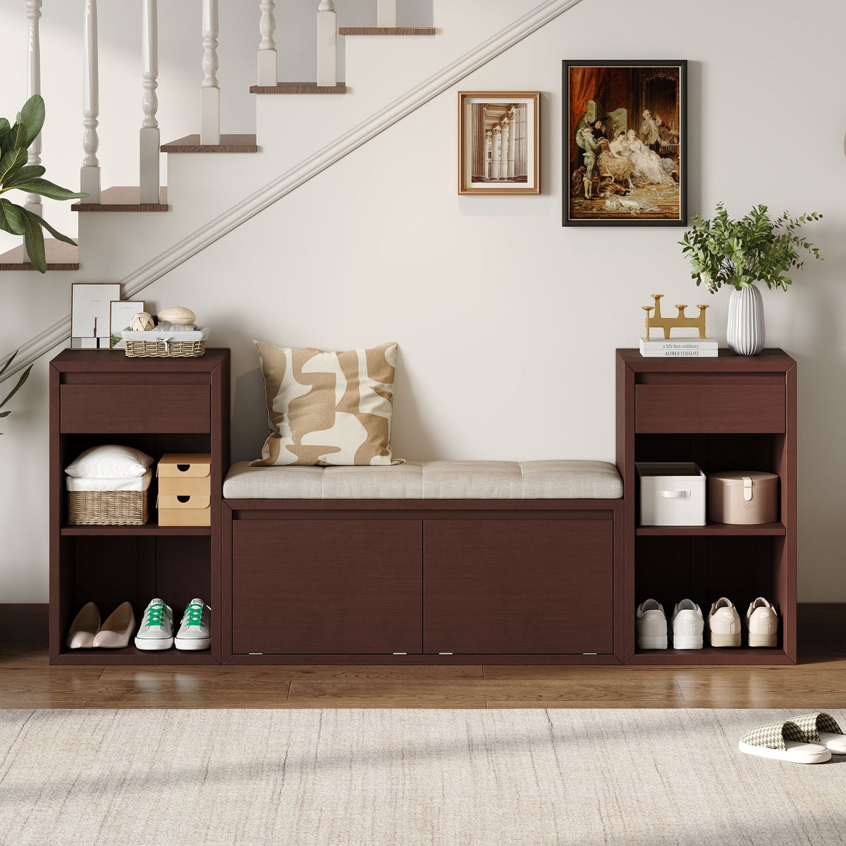 Entryway Storage Bench With Cushion, Drawers & Open Shelves Unique Piece Furniture