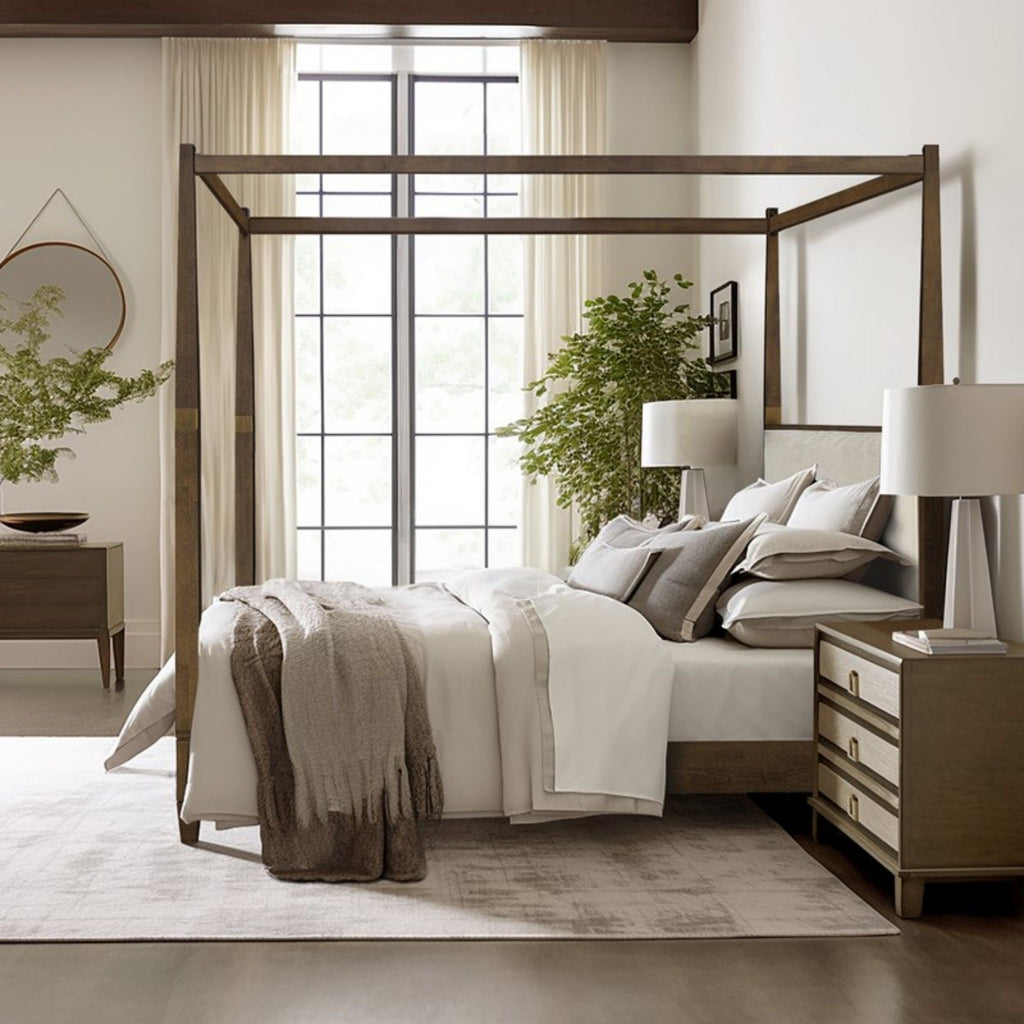 Queen Canopy Bed Frame With Upholstered Headboard - Brown Unique Piece Furniture